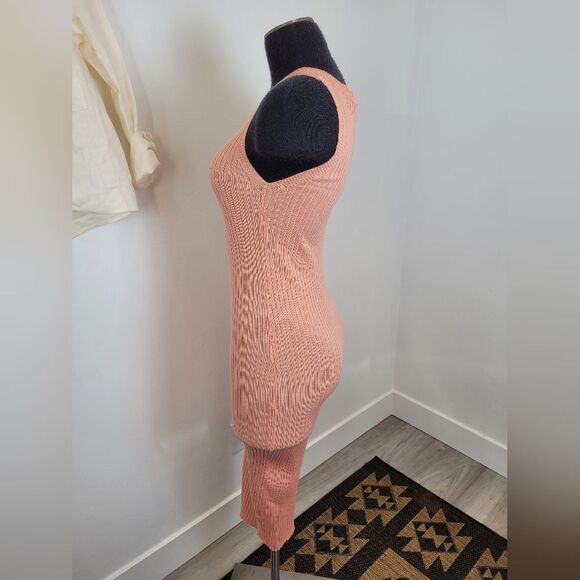 Women's XS Outfit Ribknit Bodycon Dress Linen Button Waist Tie Shirt Pink White - Picture 11 of 14